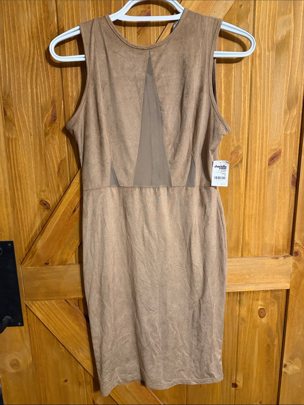 Charlotte Russe Sleeveless Taupe Midi Dress with Mesh Insets